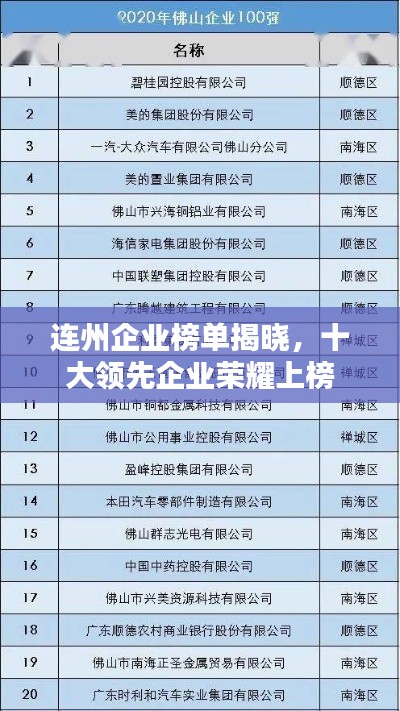 连州企业榜单揭晓，十大领先企业荣耀上榜
